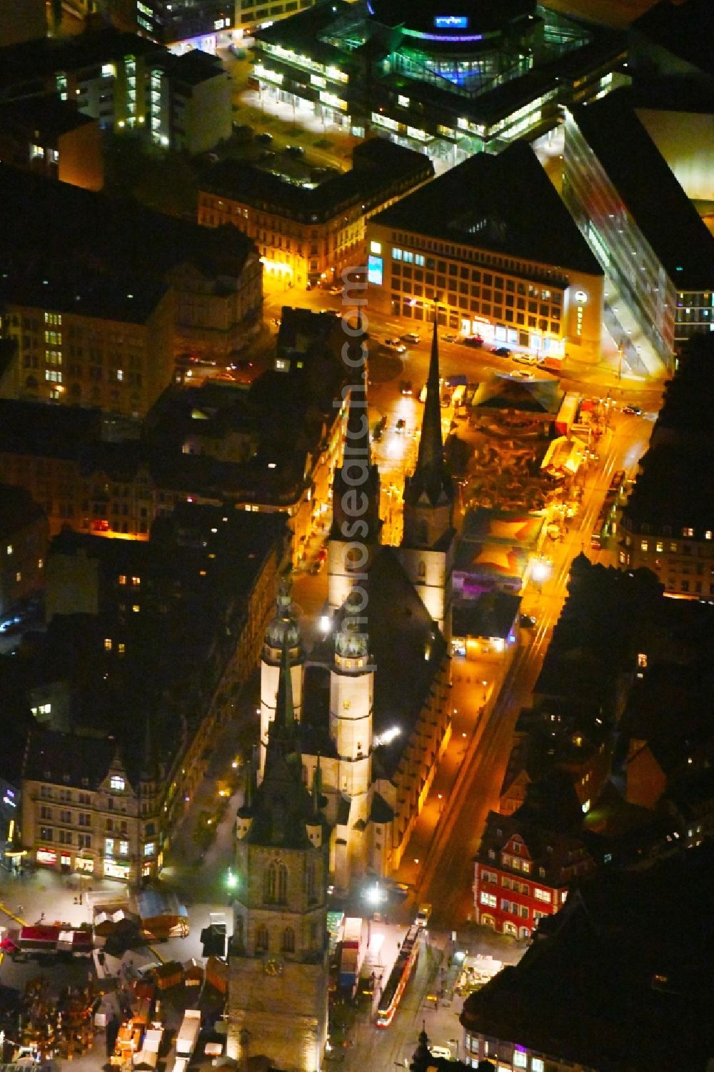 Halle (Saale) at night from above - Night lighting View of the center of Halle view of the Red Tower and the St. Mary's Church in Saxony-Anhalt