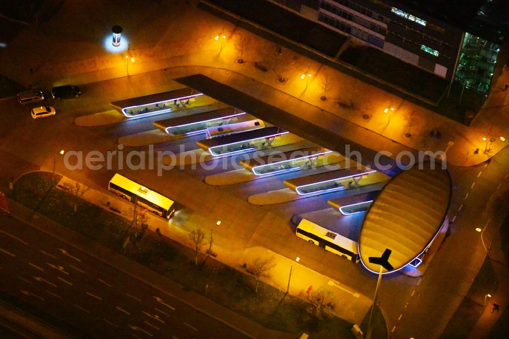 Halle (Saale) at night from above - Night lighting Central Bus Station to OBS Omnibusbetrieb Saalekreis GmbH the Public Transportation in Halle (Saale) in the state Saxony-Anhalt, Germany