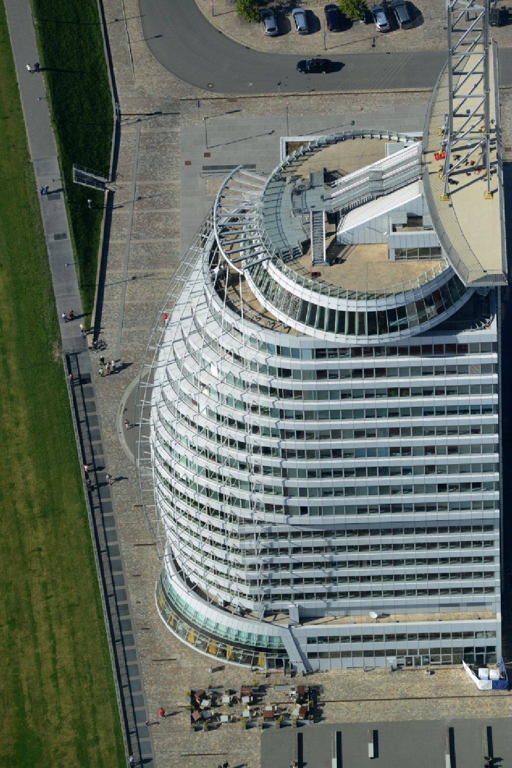 Bremerhaven from above - Atlantic Hotel Sail City in Bremerhaven in the state of Bremen. The four star hotel with its bent front is located on the riverbank of the Weser