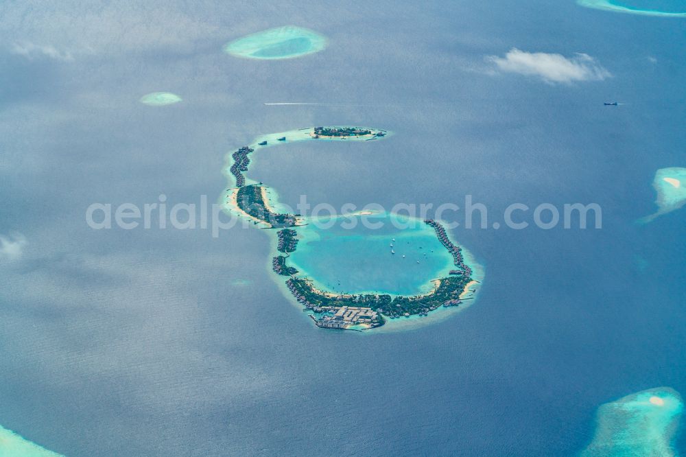 Aerial image Maafushi - Atoll on the water surface in indischen Ozean in Maafushi in Kaafu Atoll, Maldives