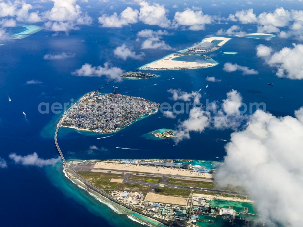 Aerial image Male - Atoll on the water surface Male on street Majeedhee Magu Road in Male in Maldives