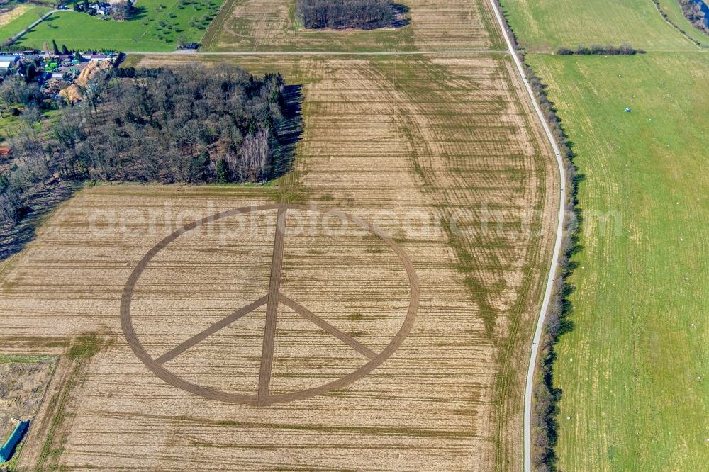 Kettwig from above - Peace symbol in Grassland structures of a meadow and field landscape in the lowland Ruhrauen in Kettwig at Ruhrgebiet in the state North Rhine-Westphalia, Germany