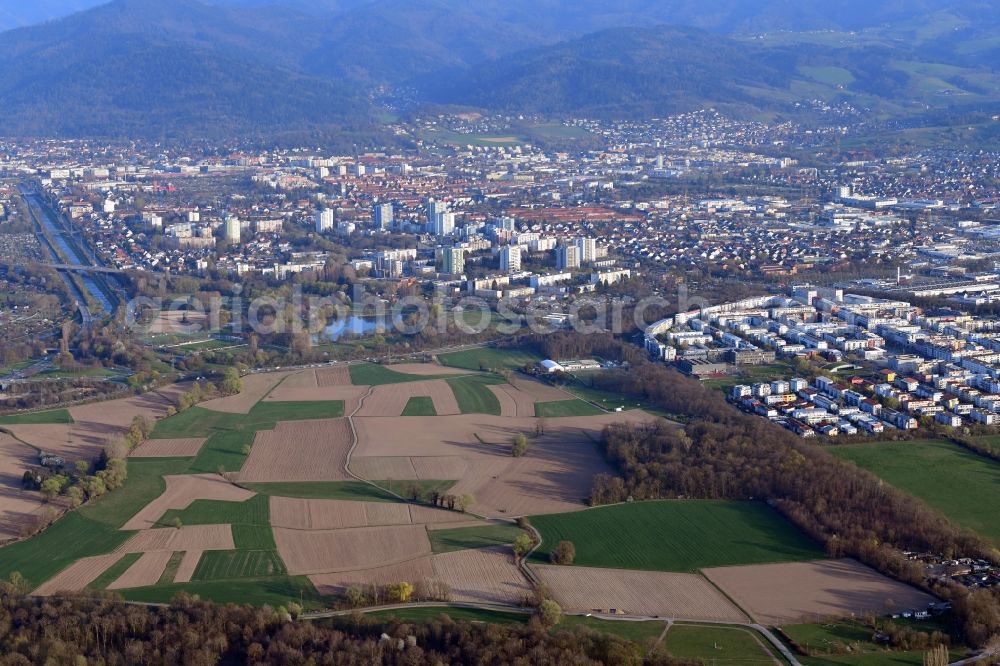 Freiburg im Breisgau from above - District Dietenbach will be buildt beside the district Rieselfeld (right) on the agricultural area in the city in Freiburg im Breisgau in the state Baden-Wurttemberg