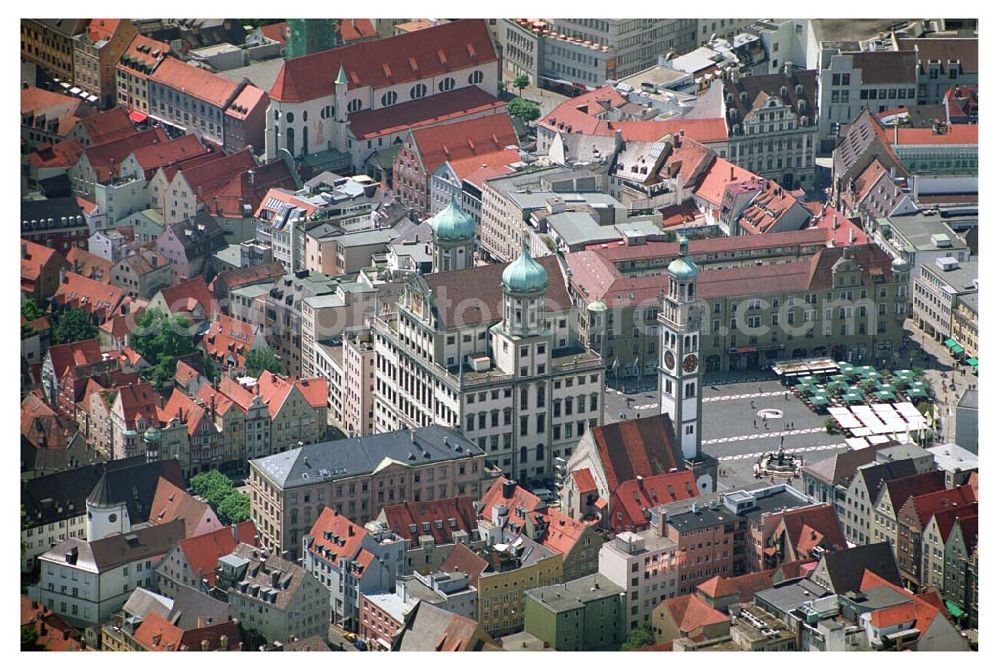 Aerial image Augsburg / Bayern - 12.07.2005 Augsburg (Bayern) Auf dem Perlachturm: Blick über Augsburg. Nach 258 Stufen ist man ganz oben auf dem Turm und wird belohnt, mit einem eindrucksvollen Blick über Augsburg, auf die Maximilianstraße mit den Prachtbrunnen, auf die Türme von Dom und Ulrichskirchen, über Handwerker-Altstadt, die Lechebene und bis hin zu den Alpen.