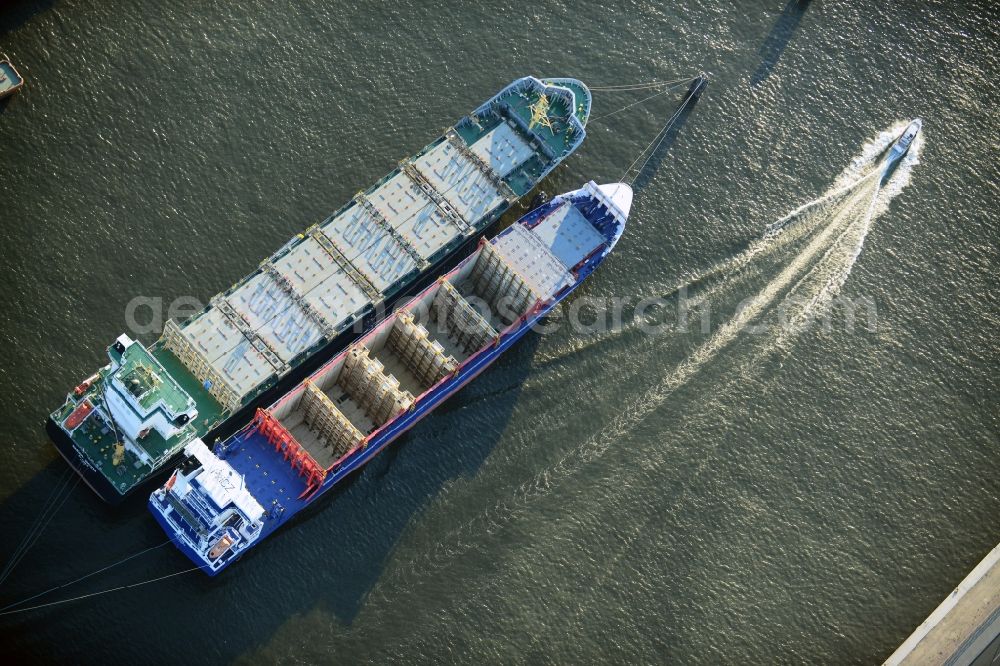 Hamburg from above - Lying at anchor container ships - freighters ELAN and WARNOW VAQUITA on the River Elbe in Hamburg