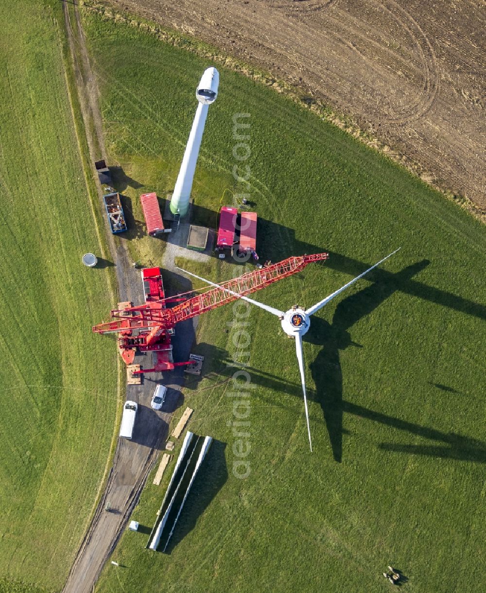 Velbert from above - Construction and installation of a wind turbine on the Bremberg in Velbert in the Ruhr area in North Rhine-Westphalia