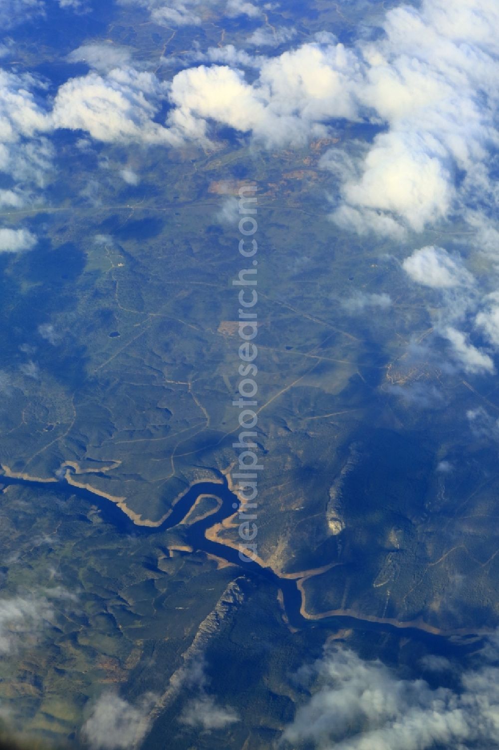 Ceclavin from above - Shore areas at the lake and reservoir Embalse de Jose Maria de Oriol in Ceclavin in Extremadura, Spain