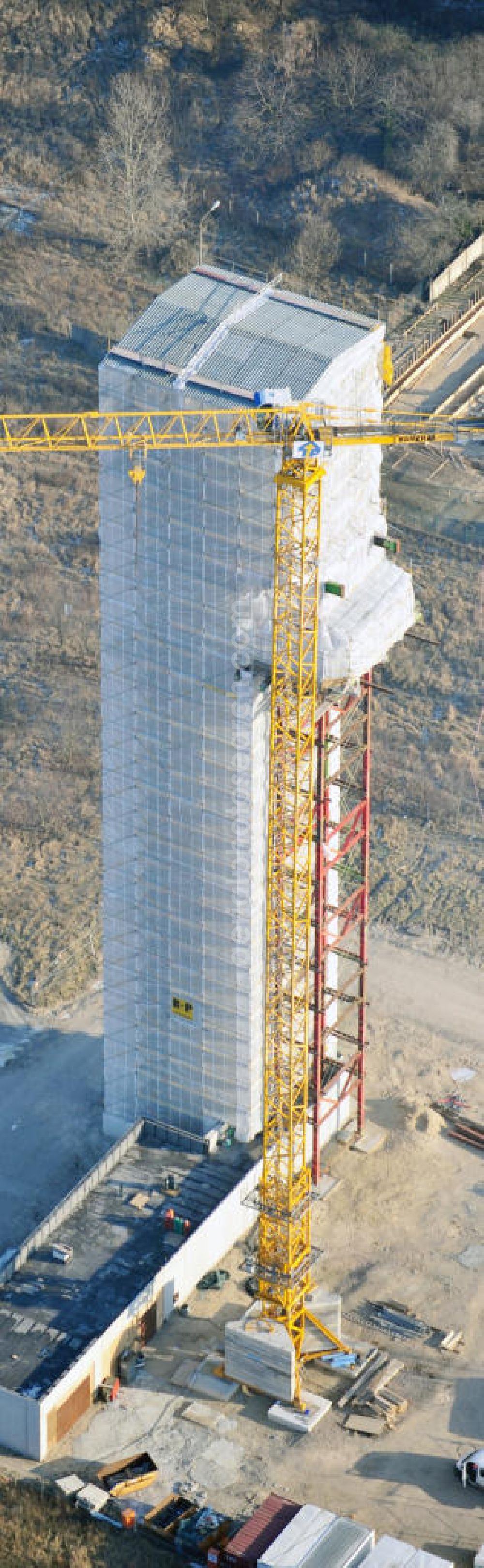 Schönefeld from the bird's eye view: Constrution site of ASR - radar- tower at the airport Berlin Schönefeld international