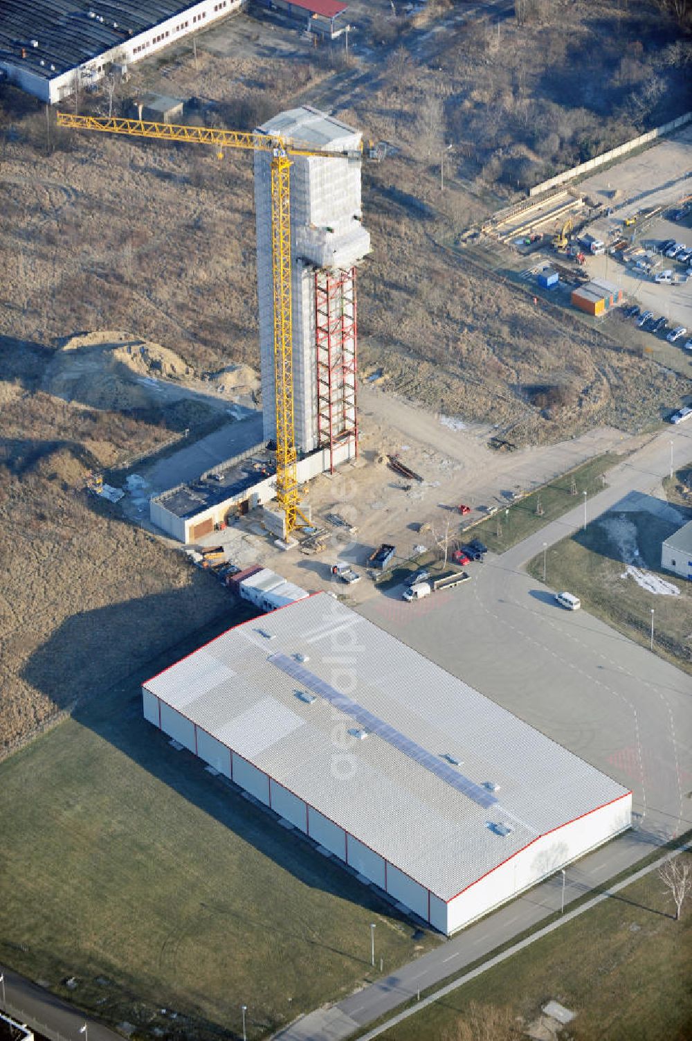 Schönefeld from above - Constrution site of ASR - radar- tower at the airport Berlin Schönefeld international