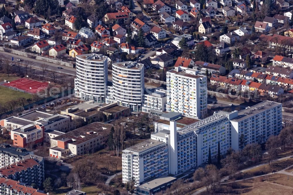 München from above - Building of the retirement home and clinic Augustinum in the district Hadern in Munich in the state Bavaria