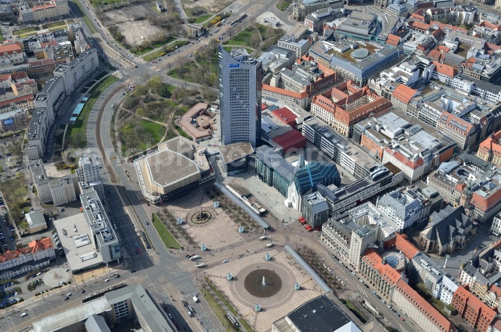 Leipzig from the bird's eye view: View of the place Augustusplatz in the city of Leipzig with the concert Hall Gewandhaus, the building UNI - Hochhaus , and the new university - buildings in Leipzig in Saxony