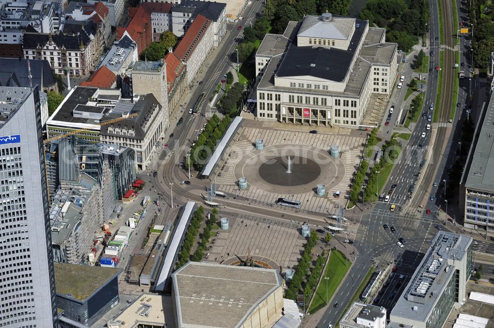 Aerial photograph Leipzig - Blick auf den Augustusplatz vor dem Opernhaus Leipzig - gegenüber dem Gewandhaus Leipzig. View the square Augustusplatz in front of the Leipzig Opera House - opposite the Gewandhaus Leipzig.