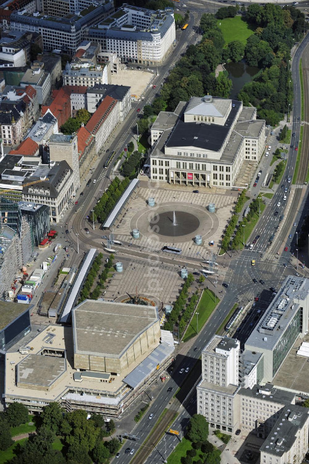 Leipzig from above - Blick auf den Augustusplatz vor dem Opernhaus Leipzig - gegenüber dem Gewandhaus Leipzig. View the square Augustusplatz in front of the Leipzig Opera House - opposite the Gewandhaus Leipzig.