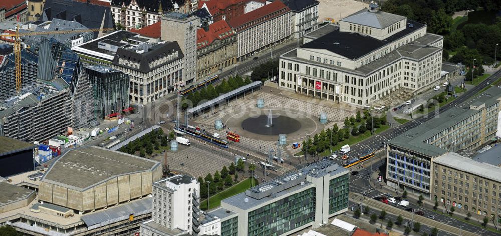 Leipzig from above - Blick auf den Augustusplatz vor dem Opernhaus Leipzig - gegenüber dem Gewandhaus Leipzig. View the square Augustusplatz in front of the Leipzig Opera House - opposite the Gewandhaus Leipzig.