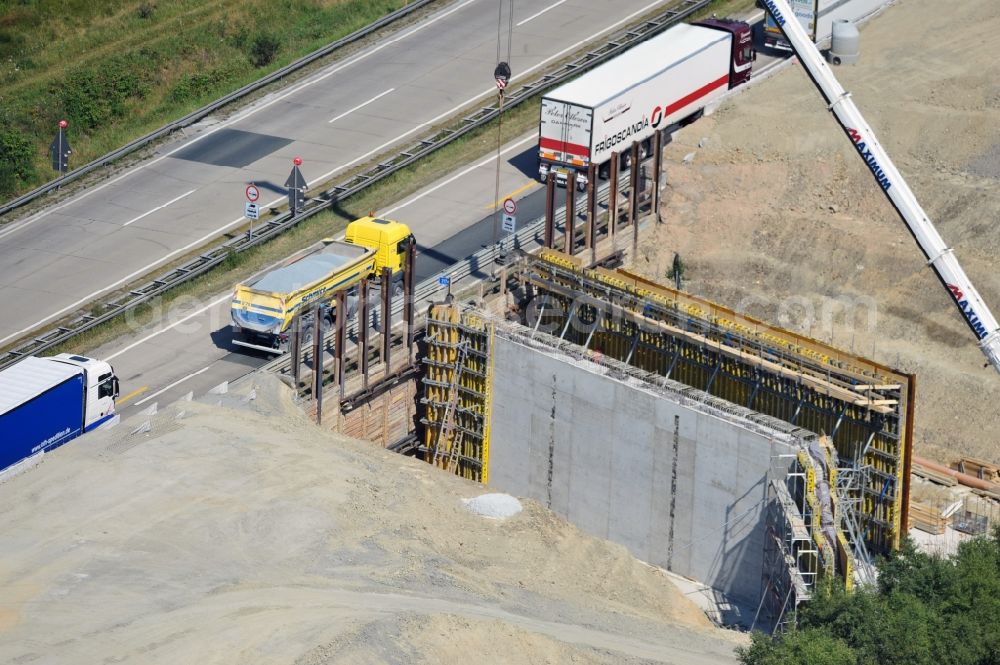 Aerial image Dittersdorf - Buildings and route of the motorway A9 motorway with four lanes now. Currently, reconstruction, expansion and new construction work is underway for the six-lane expansion of Highway 9 between Triptis and Schleiz by Wayss & Freytag Ingenieurbau and EUROVIA VINCI