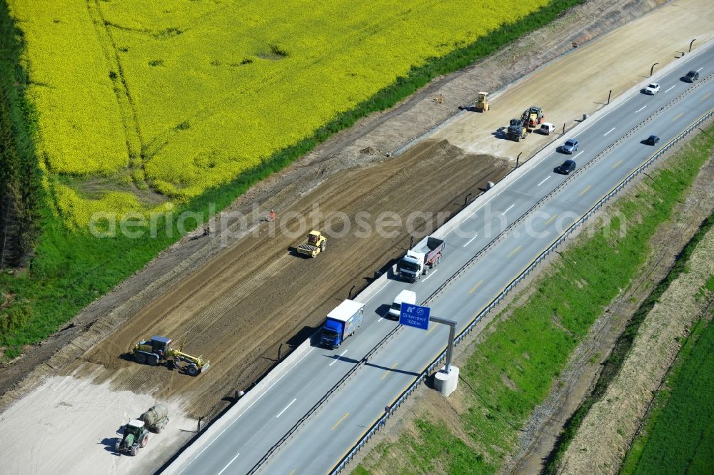 Aerial image Dittersdorf - Buildings and route of the motorway A9 motorway with four lanes now. Currently, reconstruction, expansion and new construction work is underway for the six-lane expansion of Highway 9 between Triptis and Schleiz by Wayss & Freytag Ingenieurbau and EUROVIA VINCI