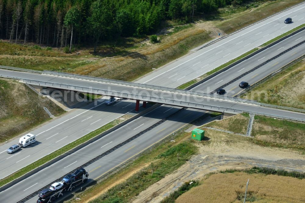 Aerial image Dittersdorf - Buildings and route of the motorway A9 motorway with four lanes now. Currently, reconstruction, expansion and new construction work is underway for the six-lane expansion of Highway 9 between Triptis and Schleiz by Wayss & Freytag Ingenieurbau and EUROVIA VINCI