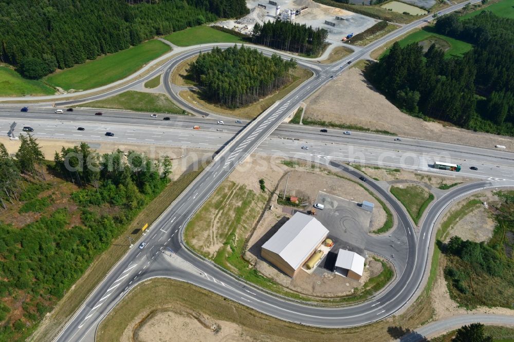 Aerial image Dittersdorf - Buildings and route of the motorway A9 motorway with four lanes now. Currently, reconstruction, expansion and new construction work is underway for the six-lane expansion of Highway 9 between Triptis and Schleiz by Wayss & Freytag Ingenieurbau and EUROVIA VINCI