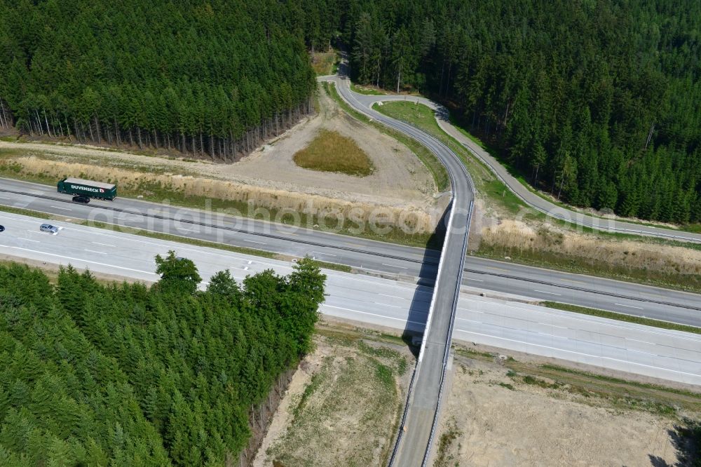 Aerial image Dittersdorf - Buildings and route of the motorway A9 motorway with four lanes now. Currently, reconstruction, expansion and new construction work is underway for the six-lane expansion of Highway 9 between Triptis and Schleiz by Wayss & Freytag Ingenieurbau and EUROVIA VINCI