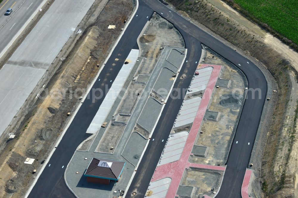 Aerial image Görkwitz - Buildings and route of the motorway A9 motorway with four lanes now. Currently, reconstruction, expansion and new construction work is underway for the six-lane expansion of Highway 9 between Triptis and Schleiz by Wayss & Freytag Ingenieurbau and EUROVIA VINCI in Thuringia