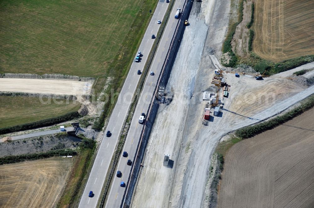 Aerial image Köthnitz - Buildings and route of the motorway A9 motorway with four lanes now. Currently, reconstruction, expansion and new construction work is underway for the six-lane expansion of Highway 9 between Triptis and Schleiz by Wayss & Freytag Ingenieurbau and EUROVIA VINCI in Thuringia