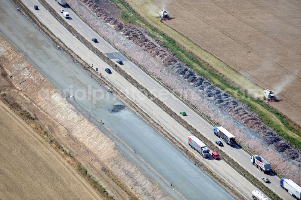 Lemnitz from above - Buildings and route of the motorway A9 motorway with four lanes now. Currently, reconstruction, expansion and new construction work is underway for the six-lane expansion of Highway 9 between Triptis and Schleiz by Wayss & Freytag Ingenieurbau and EUROVIA VINCI in Thuringia