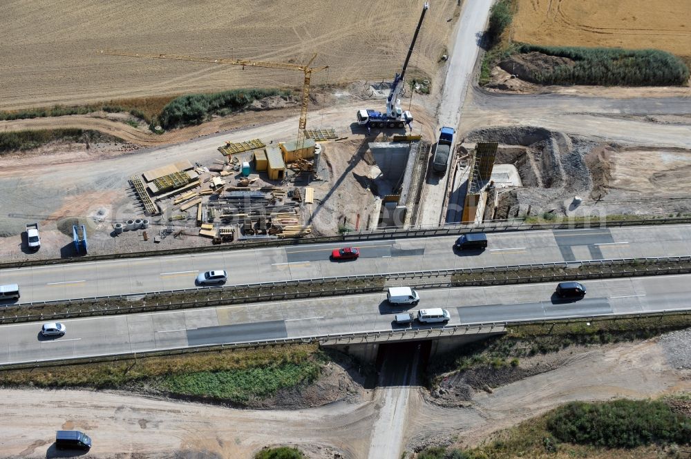 Lemnitz from above - Buildings and route of the motorway A9 motorway with four lanes now. Currently, reconstruction, expansion and new construction work is underway for the six-lane expansion of Highway 9 between Triptis and Schleiz by Wayss & Freytag Ingenieurbau and EUROVIA VINCI in Thuringia