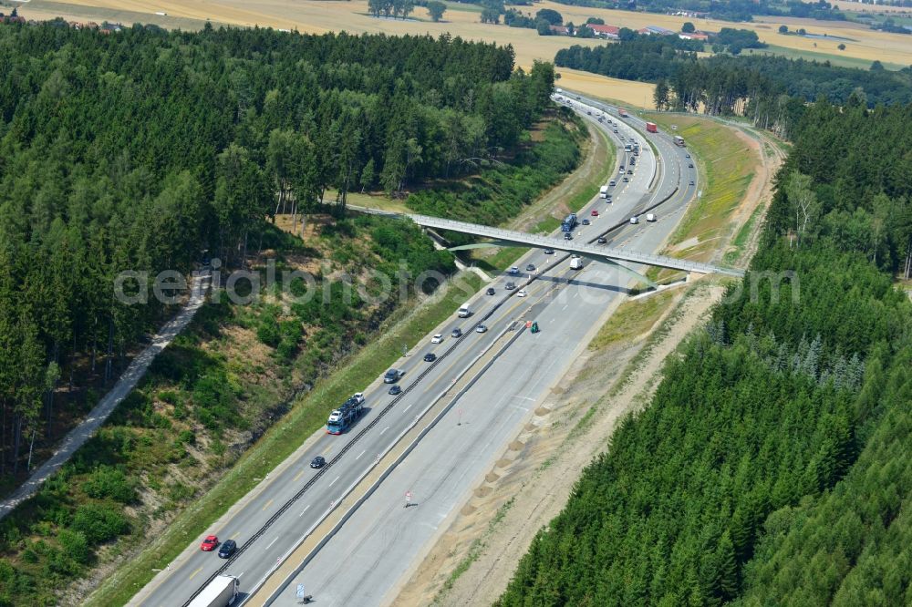 Aerial image Lemnitz - Buildings and route of the motorway A9 motorway with four lanes now. Currently, reconstruction, expansion and new construction work is underway for the six-lane expansion of Highway 9 between Triptis and Schleiz by Wayss & Freytag Ingenieurbau and EUROVIA VINCI in Thuringia