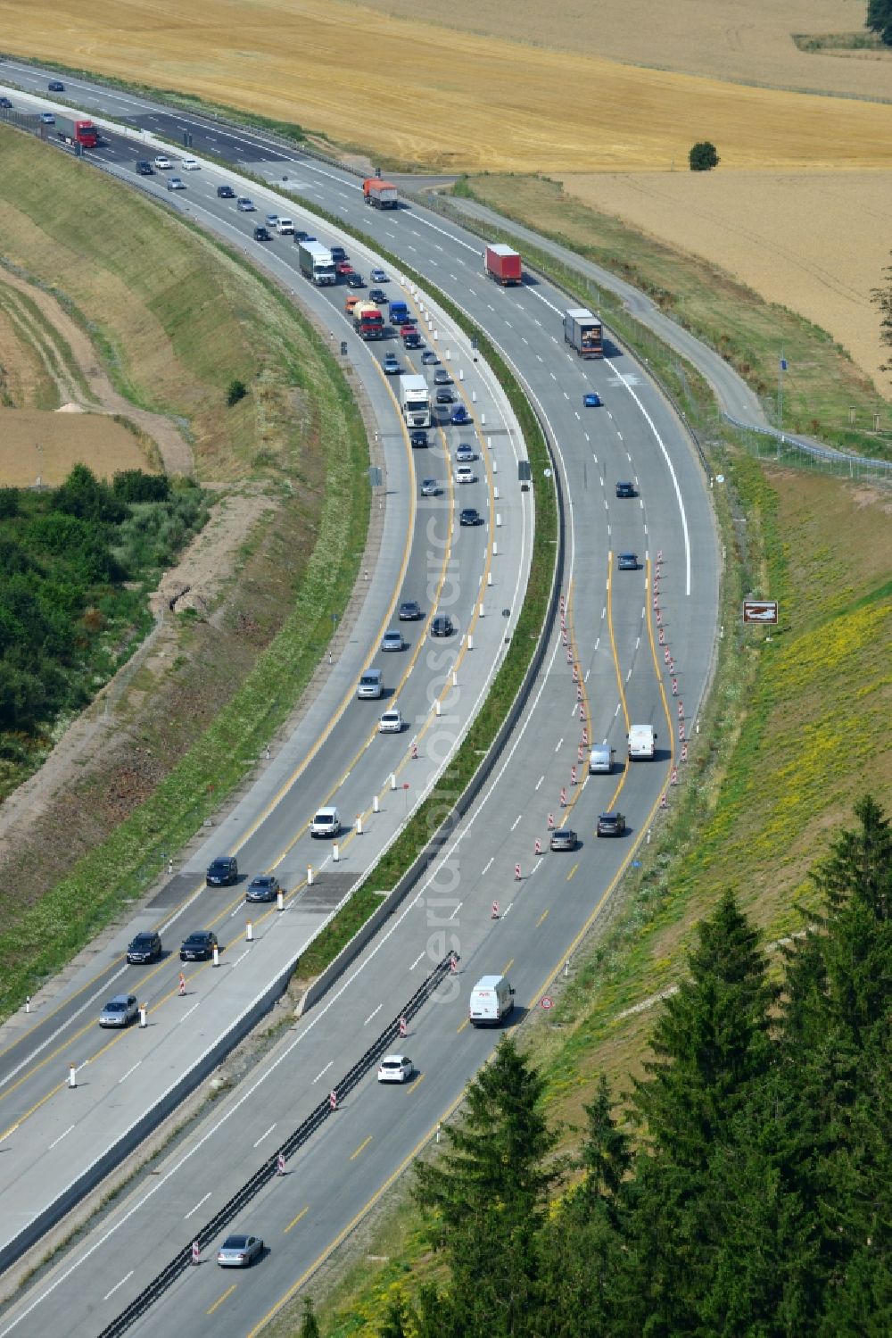 Lemnitz from above - Buildings and route of the motorway A9 motorway with four lanes now. Currently, reconstruction, expansion and new construction work is underway for the six-lane expansion of Highway 9 between Triptis and Schleiz by Wayss & Freytag Ingenieurbau and EUROVIA VINCI in Thuringia