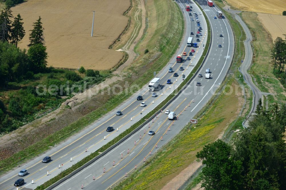 Aerial image Lemnitz - Buildings and route of the motorway A9 motorway with four lanes now. Currently, reconstruction, expansion and new construction work is underway for the six-lane expansion of Highway 9 between Triptis and Schleiz by Wayss & Freytag Ingenieurbau and EUROVIA VINCI in Thuringia