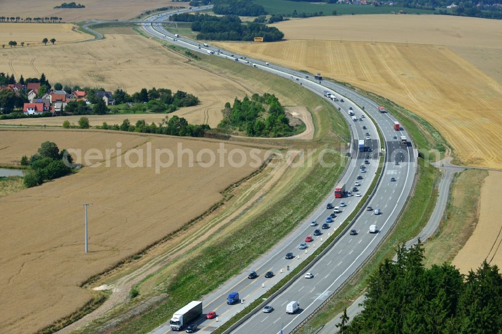 Aerial photograph Lemnitz - Buildings and route of the motorway A9 motorway with four lanes now. Currently, reconstruction, expansion and new construction work is underway for the six-lane expansion of Highway 9 between Triptis and Schleiz by Wayss & Freytag Ingenieurbau and EUROVIA VINCI in Thuringia