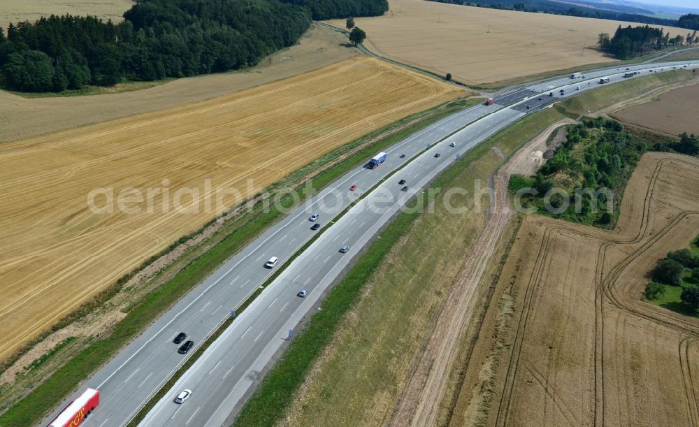 Lemnitz from above - Buildings and route of the motorway A9 motorway with four lanes now. Currently, reconstruction, expansion and new construction work is underway for the six-lane expansion of Highway 9 between Triptis and Schleiz by Wayss & Freytag Ingenieurbau and EUROVIA VINCI in Thuringia