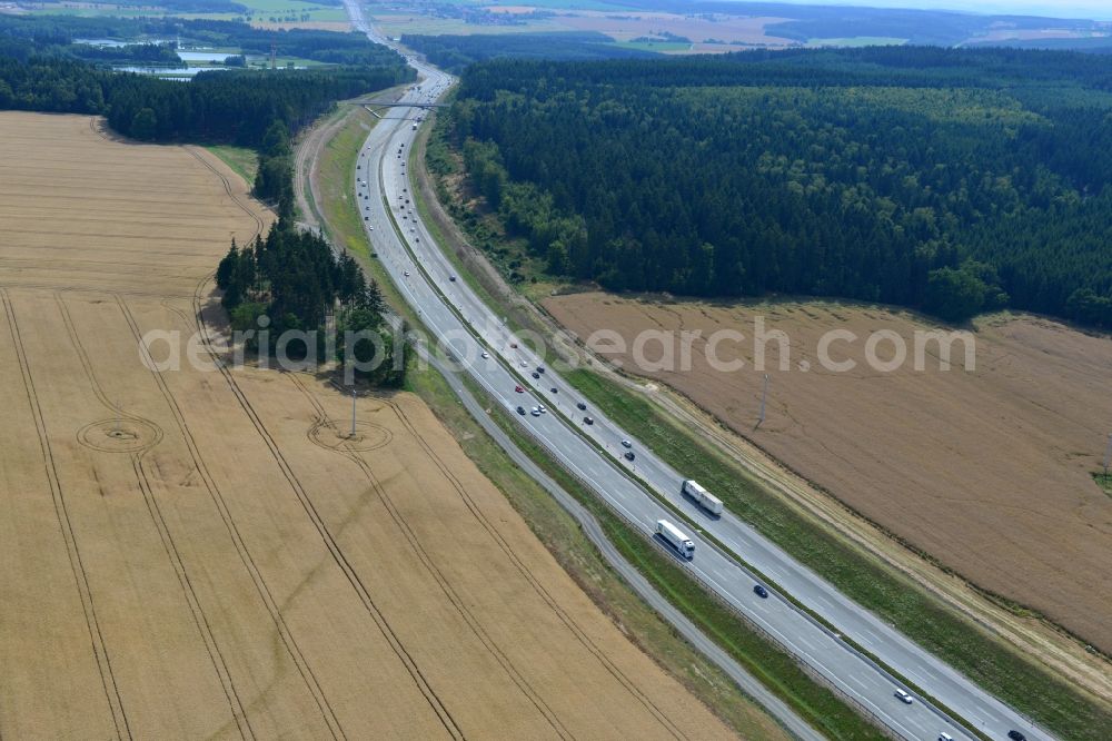 Aerial image Lemnitz - Buildings and route of the motorway A9 motorway with four lanes now. Currently, reconstruction, expansion and new construction work is underway for the six-lane expansion of Highway 9 between Triptis and Schleiz by Wayss & Freytag Ingenieurbau and EUROVIA VINCI in Thuringia