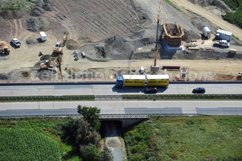 Pahnstangen from the bird's eye view: Ausbau- Arbeiten und Baustellen an der Streckenführung der BAB Bundesautobahn A9 bei Pahnstangen in Thüringen. Derzeit laufen Umbau-, Erweiterungs- und Neubauarbeiten für den sechsspurigen Ausbau der Autobahn 9 zwischen Triptis und Schleiz in Thüringen durch die Arbeitsgemeinschaft ARGE Wayss