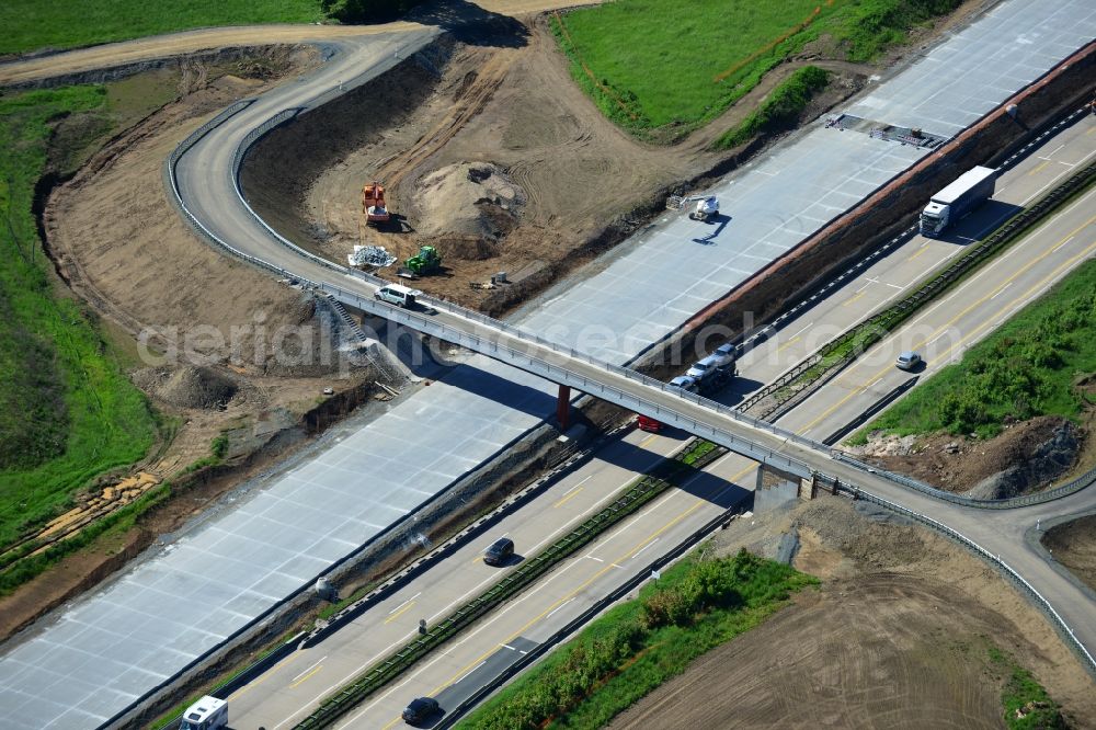 Pahnstangen from above - Buildings and route of the motorway A9 motorway with four lanes now. Currently, reconstruction, expansion and new construction work is underway for the six-lane expansion of Highway 9 between Triptis and Schleiz by Wayss & Freytag Ingenieurbau and EUROVIA VINCI in Thuringia