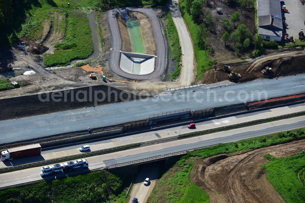 Pahnstangen from above - Buildings and route of the motorway A9 motorway with four lanes now. Currently, reconstruction, expansion and new construction work is underway for the six-lane expansion of Highway 9 between Triptis and Schleiz by Wayss & Freytag Ingenieurbau and EUROVIA VINCI in Thuringia