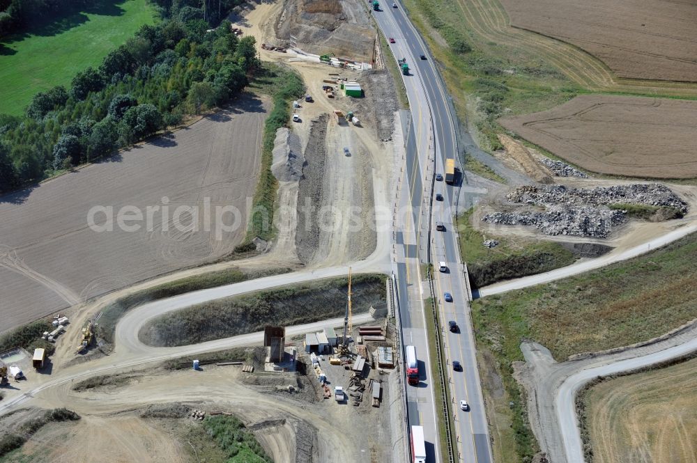 Aerial image Schleiz - Buildings and route of the motorway A9 motorway with four lanes now. Currently, reconstruction, expansion and new construction work is underway for the six-lane expansion of Highway 9 between Triptis and Schleiz by Wayss & Freytag Ingenieurbau and EUROVIA VINCI in Thuringia