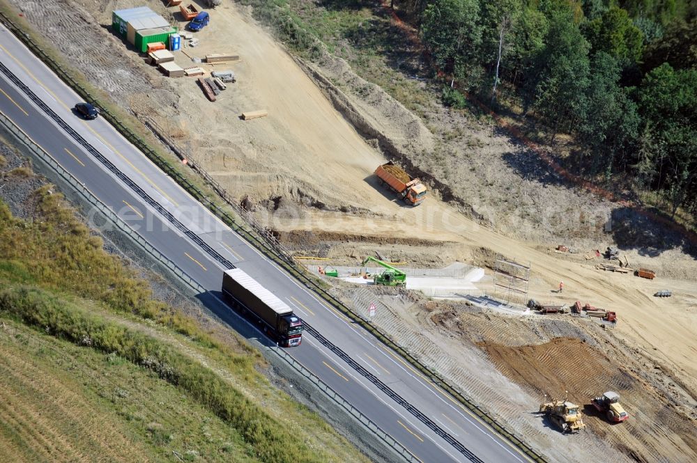 Aerial image Schleiz - Buildings and route of the motorway A9 motorway with four lanes now. Currently, reconstruction, expansion and new construction work is underway for the six-lane expansion of Highway 9 between Triptis and Schleiz by Wayss & Freytag Ingenieurbau and EUROVIA VINCI in Thuringia