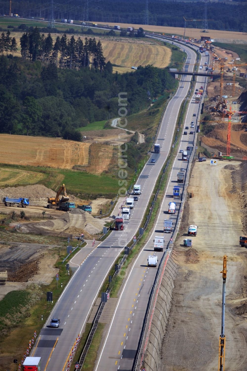 Aerial image Schleiz - Buildings and route of the motorway A9 motorway with four lanes now. Currently, reconstruction, expansion and new construction work is underway for the six-lane expansion of Highway 9 between Triptis and Schleiz by Wayss & Freytag Ingenieurbau and EUROVIA VINCI in Thuringia