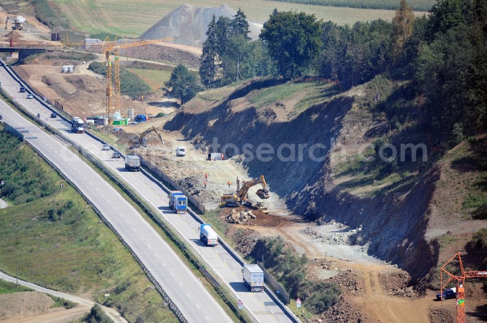 Schleiz from above - Buildings and route of the motorway A9 motorway with four lanes now. Currently, reconstruction, expansion and new construction work is underway for the six-lane expansion of Highway 9 between Triptis and Schleiz by Wayss & Freytag Ingenieurbau and EUROVIA VINCI in Thuringia