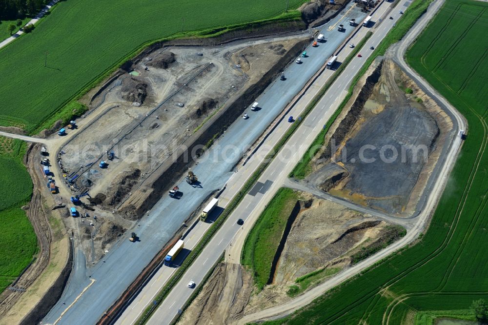 Aerial image Schleiz - Buildings and route of the motorway A9 motorway with four lanes now. Currently, reconstruction, expansion and new construction work is underway for the six-lane expansion of Highway 9 between Triptis and Schleiz by Wayss & Freytag Ingenieurbau and EUROVIA VINCI in Thuringia