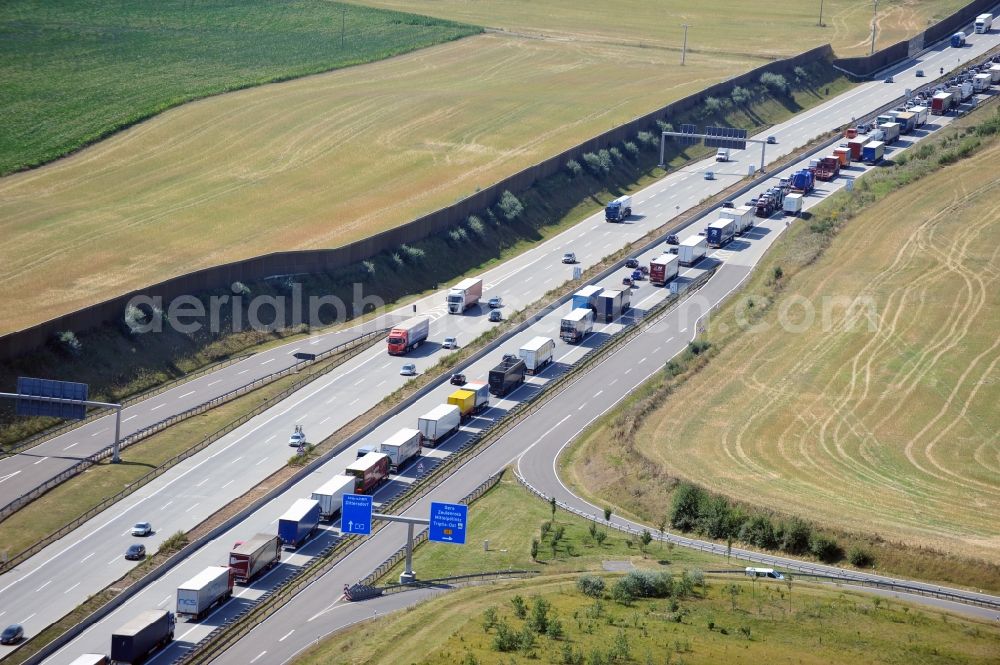 Aerial image Triptis - Buildings and route of the motorway A9 motorway with four lanes now. Currently, reconstruction, expansion and new construction work is underway for the six-lane expansion of Highway 9 between Triptis and Schleiz by Wayss & Freytag Ingenieurbau and EUROVIA VINCI in Thuringia