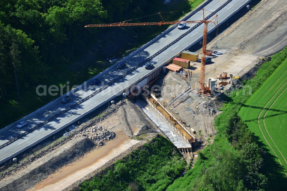 Aerial image Triptis - Buildings and route of the motorway A9 motorway with four lanes now. Currently, reconstruction, expansion and new construction work is underway for the six-lane expansion of Highway 9 between Triptis and Schleiz by Wayss & Freytag Ingenieurbau and EUROVIA VINCI in Thuringia