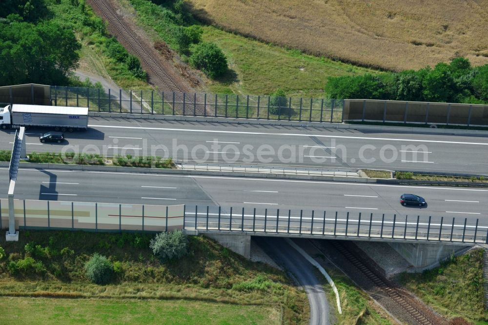 Aerial image Triptis - Buildings and route of the motorway A9 motorway with four lanes now. Currently, reconstruction, expansion and new construction work is underway for the six-lane expansion of Highway 9 between Triptis and Schleiz by Wayss & Freytag Ingenieurbau and EUROVIA VINCI in Thuringia