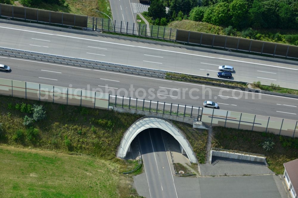 Triptis from above - Buildings and route of the motorway A9 motorway with four lanes now. Currently, reconstruction, expansion and new construction work is underway for the six-lane expansion of Highway 9 between Triptis and Schleiz by Wayss & Freytag Ingenieurbau and EUROVIA VINCI in Thuringia