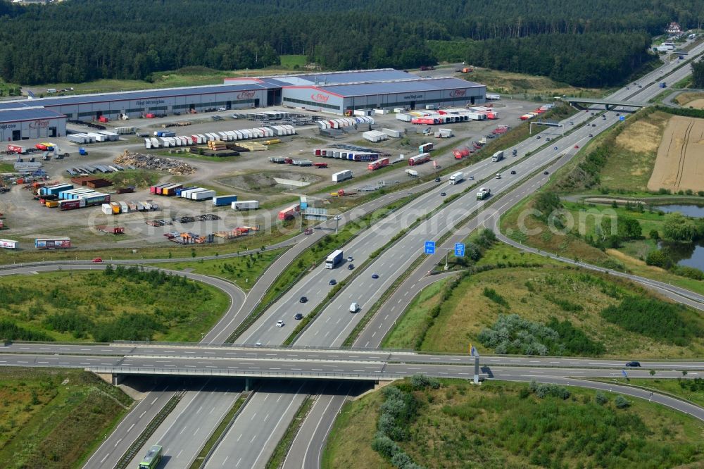 Triptis from above - Buildings and route of the motorway A9 motorway with four lanes now. Currently, reconstruction, expansion and new construction work is underway for the six-lane expansion of Highway 9 between Triptis and Schleiz by Wayss & Freytag Ingenieurbau and EUROVIA VINCI in Thuringia