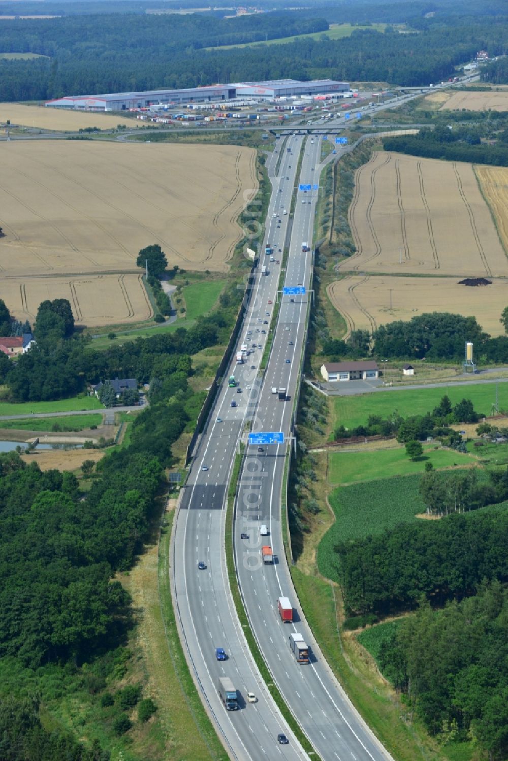 Aerial image Triptis - Buildings and route of the motorway A9 motorway with four lanes now. Currently, reconstruction, expansion and new construction work is underway for the six-lane expansion of Highway 9 between Triptis and Schleiz by Wayss & Freytag Ingenieurbau and EUROVIA VINCI in Thuringia