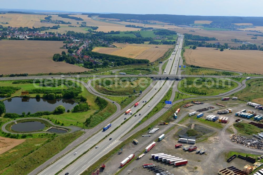 Triptis from above - Buildings and route of the motorway A9 motorway with four lanes now. Currently, reconstruction, expansion and new construction work is underway for the six-lane expansion of Highway 9 between Triptis and Schleiz by Wayss & Freytag Ingenieurbau and EUROVIA VINCI in Thuringia