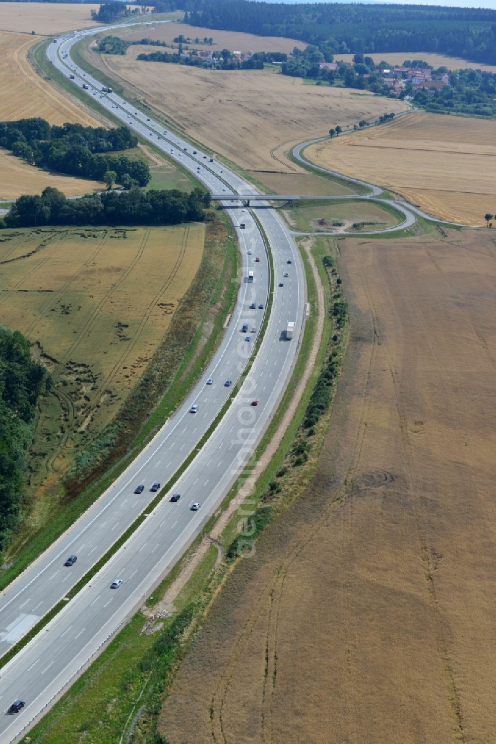 Triptis from the bird's eye view: Buildings and route of the motorway A9 motorway with four lanes now. Currently, reconstruction, expansion and new construction work is underway for the six-lane expansion of Highway 9 between Triptis and Schleiz by Wayss & Freytag Ingenieurbau and EUROVIA VINCI in Thuringia