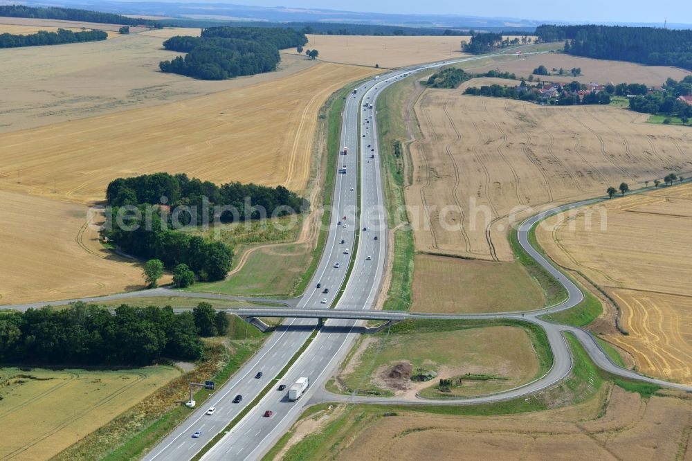 Aerial image Triptis - Buildings and route of the motorway A9 motorway with four lanes now. Currently, reconstruction, expansion and new construction work is underway for the six-lane expansion of Highway 9 between Triptis and Schleiz by Wayss & Freytag Ingenieurbau and EUROVIA VINCI in Thuringia